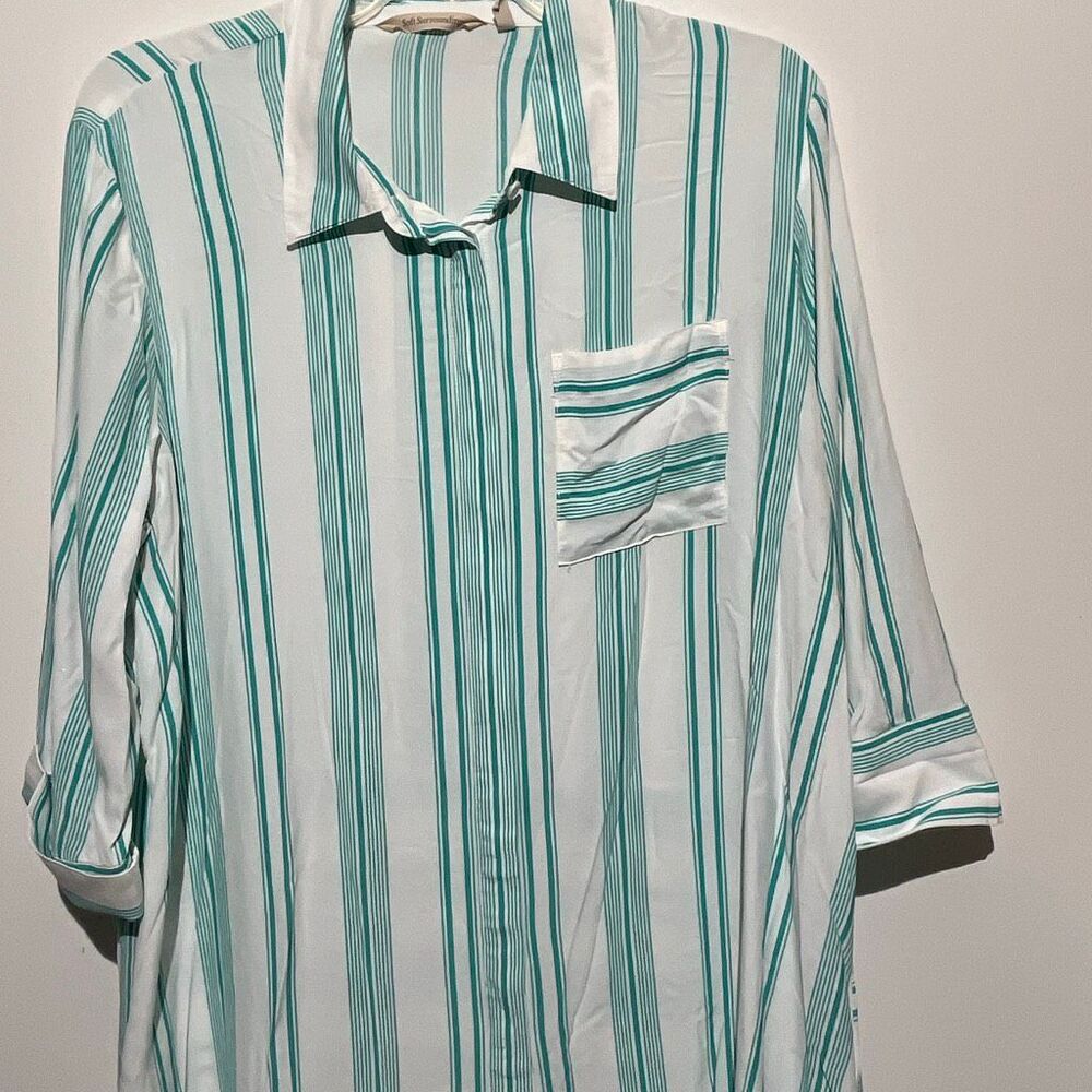 Soft Surroundings Women's Green White Striped Ladson Button-Up Tunic Top Large